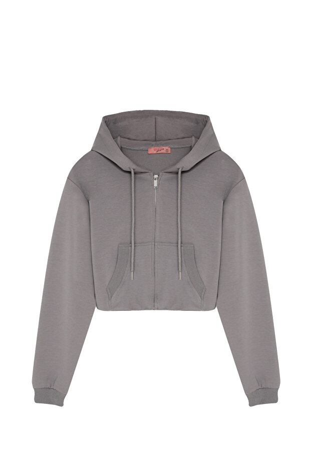 Kapüşonlu Fermuarlı Basic Sweatshirt Gri - 2