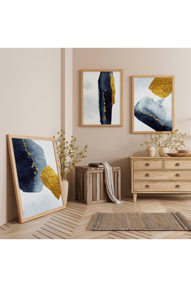 Wooden Framed Gold Accents Triple Wooden Painting Set