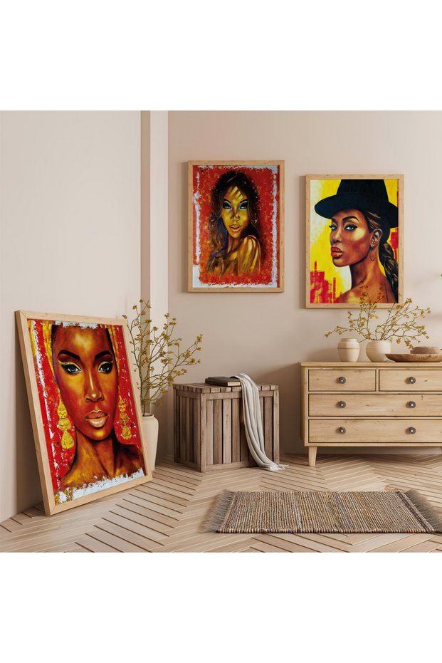 Modern Female Portraits with Wooden Frames Triple Wooden Painting Set