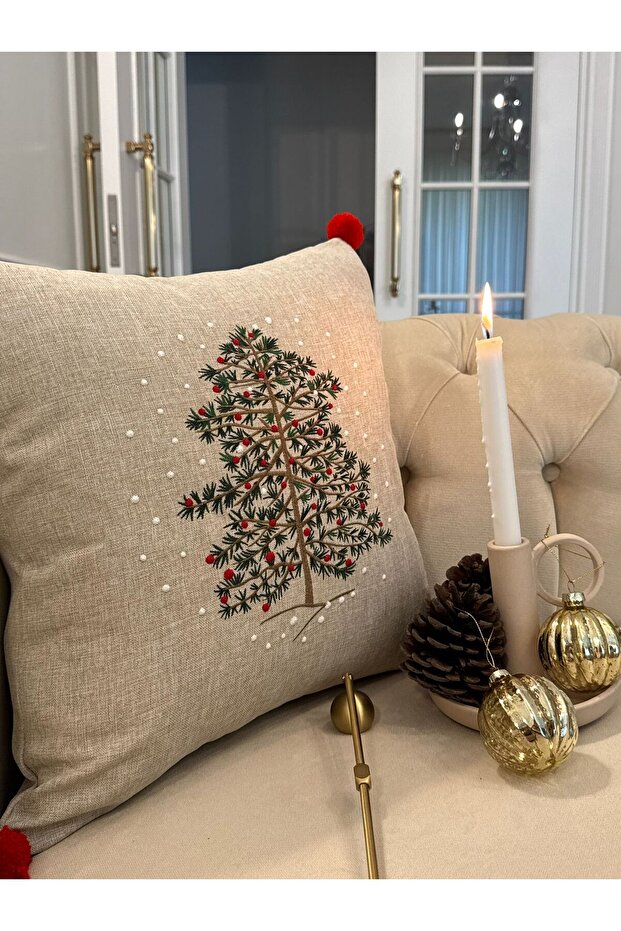 Lux Beige Throw Pillow Cover with Pine Embroidery and Pom-Poms