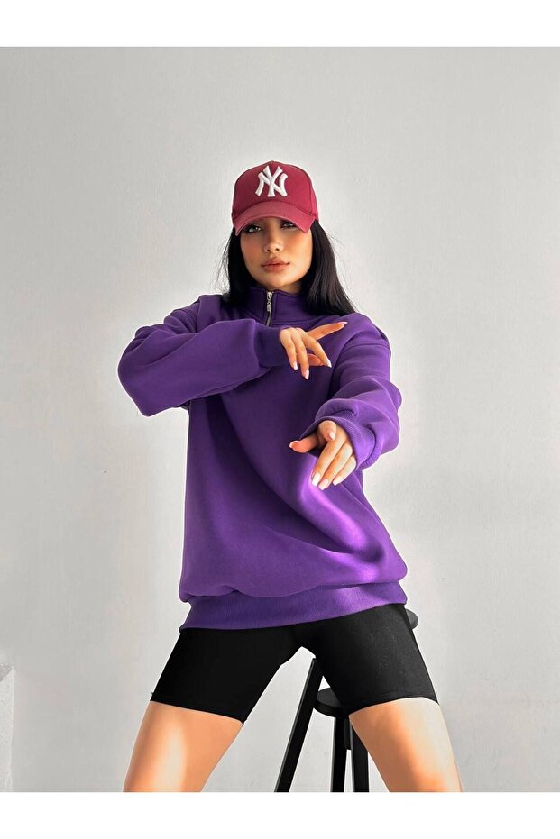 Fermuarlı Mor Oversize Unisex Sweatshirt - 3