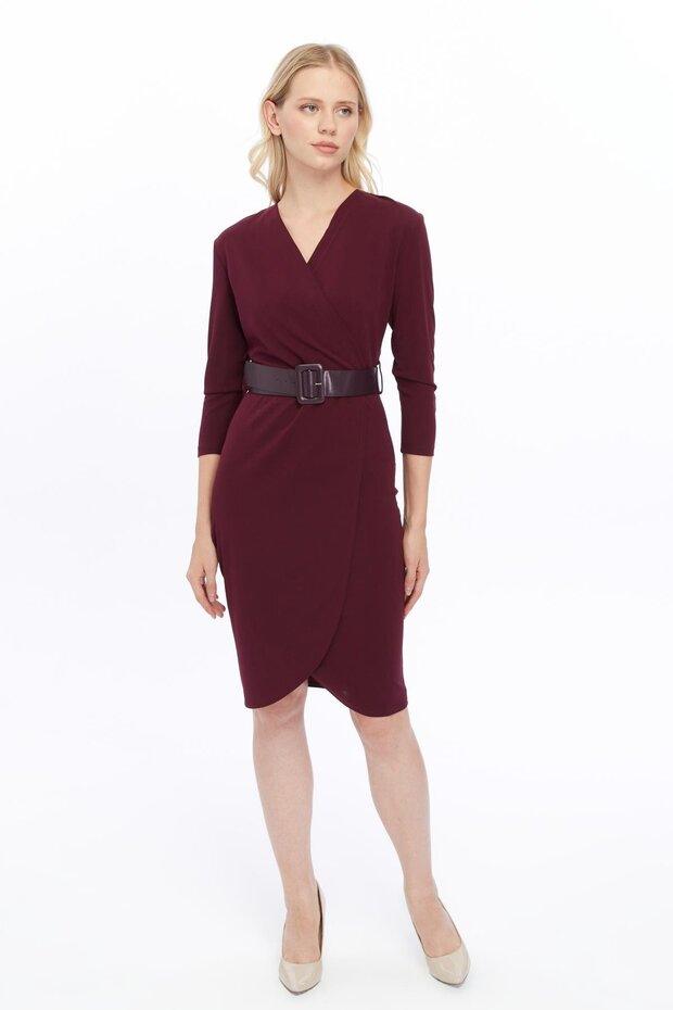 Apsen Women's Crepe Purple Double-Breasted Belted Midi Wrap Dress 3753-100