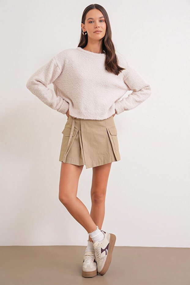 6917 Kadın Buklet Basic Triko Kazak Naturel - 2