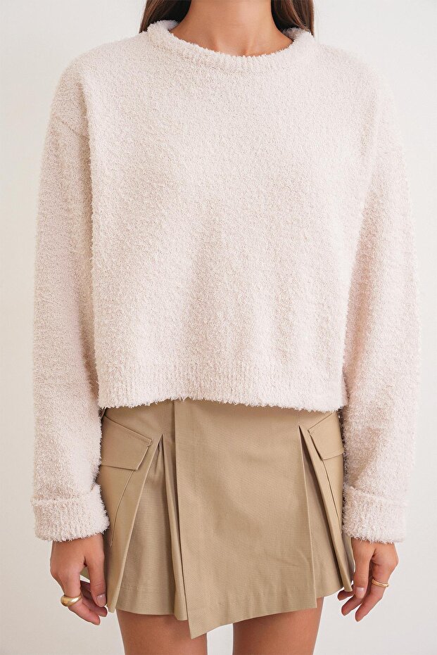 6917 Kadın Buklet Basic Triko Kazak Naturel - 4