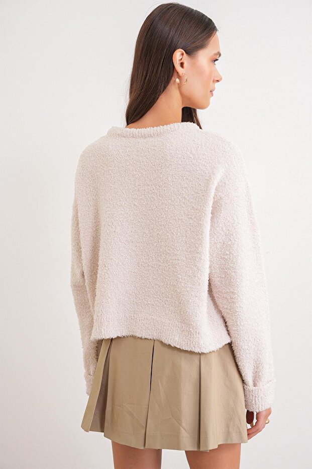 6917 Kadın Buklet Basic Triko Kazak Naturel - 6