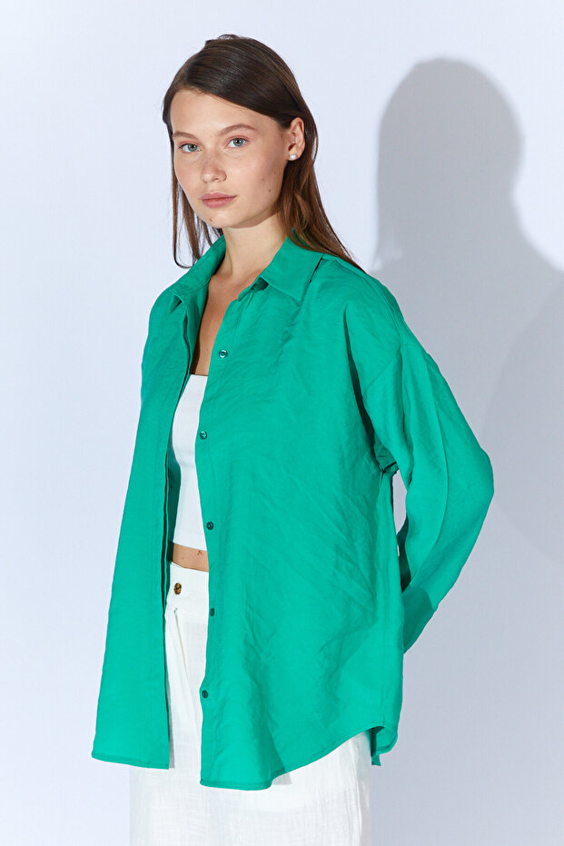 Green Modal Soft Textured Soft Hidden Placket Detailed Oversize Women's Shirt | Mks168262-01