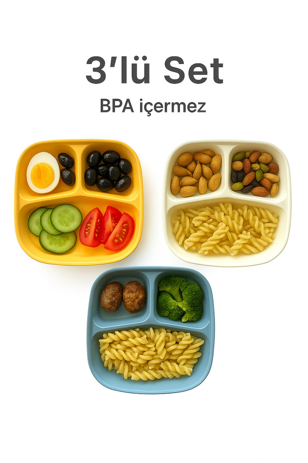 BPA'sız 3 Bölmeli Tabak Seti Sağlıklı Ve Güvenli Yemek Tabağı (3 ADET ) Çocuk Tabağı Mama Tabağı - 3