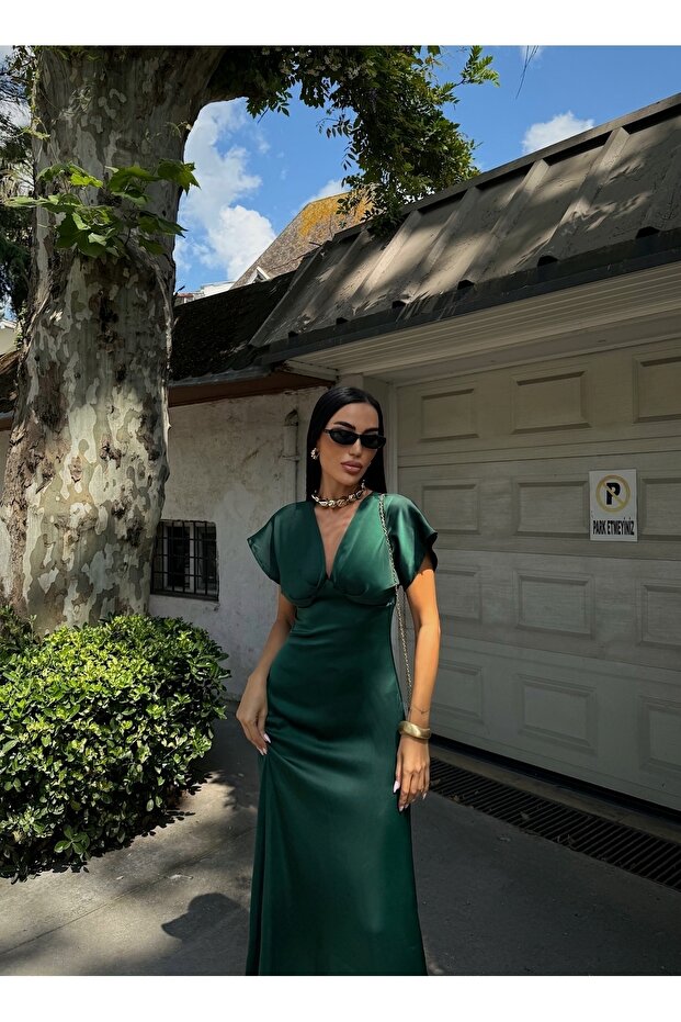 Women's V-Neck Pleated Satin Midi Dress