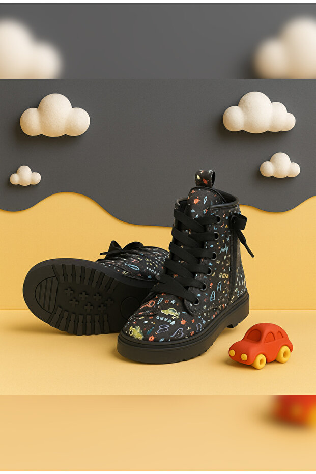 Unisex Desenli Kışlık Çocuk Bot Fermuarlı Bağcıklı Rahat ve Esnek Tabanlı Günlük Siyah Bot - 4