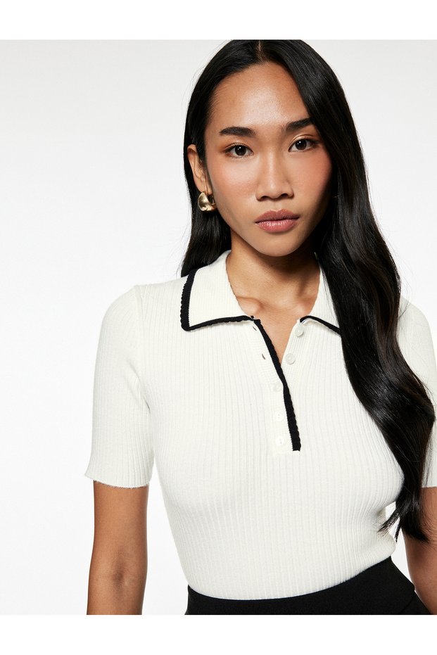 Color Contrast Detailed Short Sleeve Polo Neck Knitwear Sweater