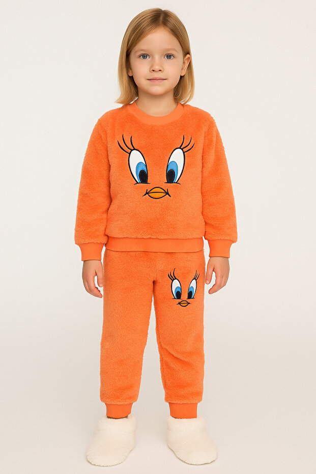 Girl's Set Winter Fleece Plush Chick Twety Model Winter Bottom Top Set