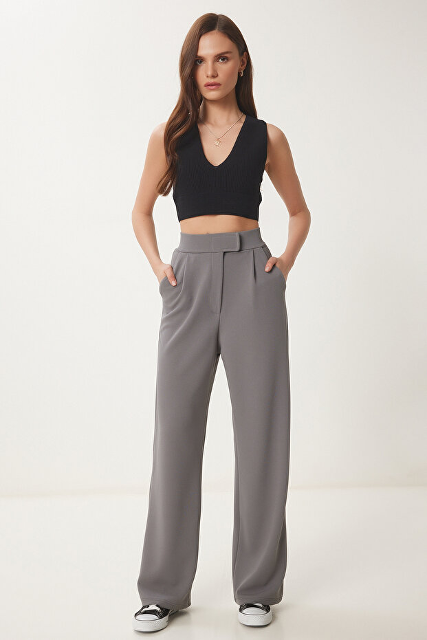 Comfortable Palazzo Trousers with Velcro Waist Smoked Lrv0003