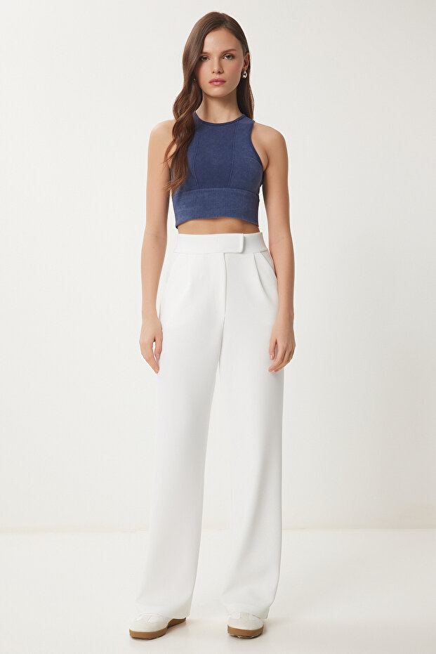 Comfortable Palazzo Pants with Velcro Waist White Lrv0003