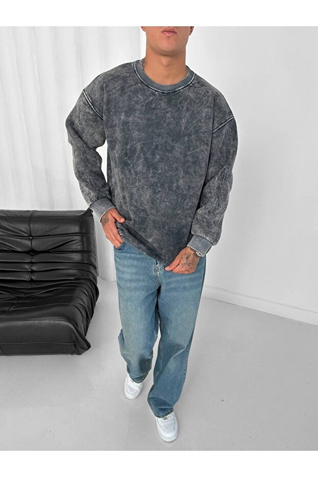 Yıkama Kumaş Oversize Unisex Sweatshirt - 3
