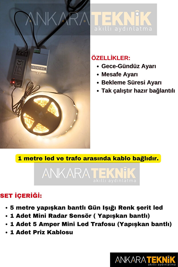Mutfak Dolabı Radar Gizli Sensörlü Şerit Led Set / Gece-gündüz Ayarlı / Tak Çalıştır / Renk Günışığı - 2