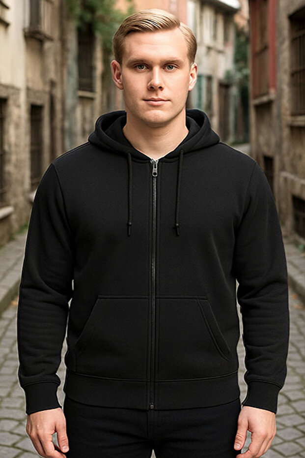 Siyah Kapşonlu Fermuarlı Sweatshirt - 1