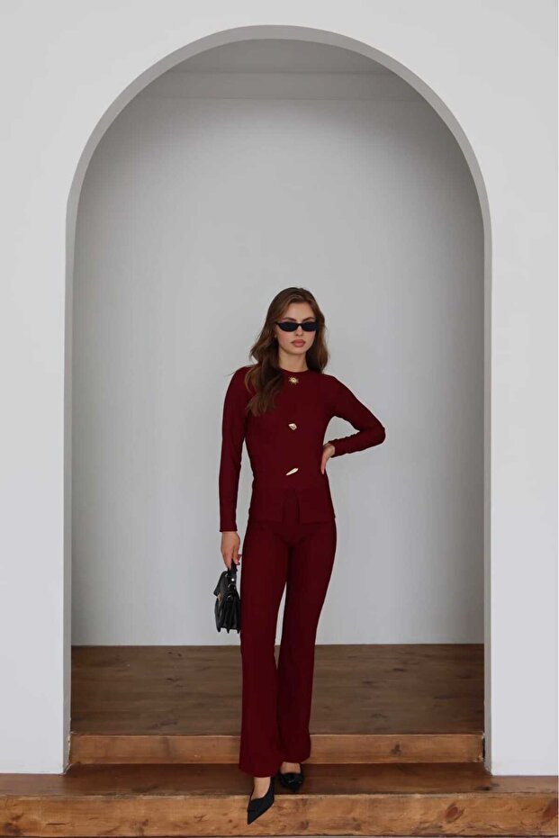 Women's Buttoned Blouse Palazzo Pants Ottoman Top and Bottom Set