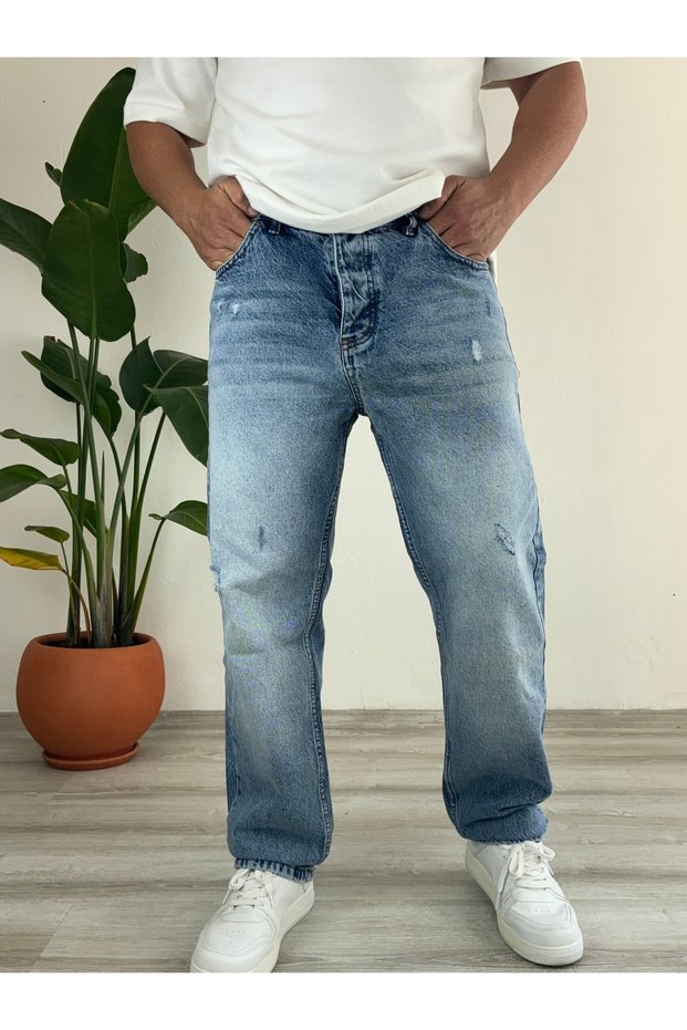 Blue Ripped Detailed Regular Jean Denim Pants