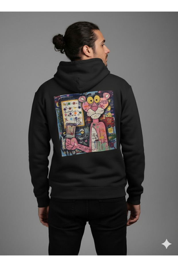 Lenithra Pink Panther Back Printed Unisex Oversize Black Hoodie