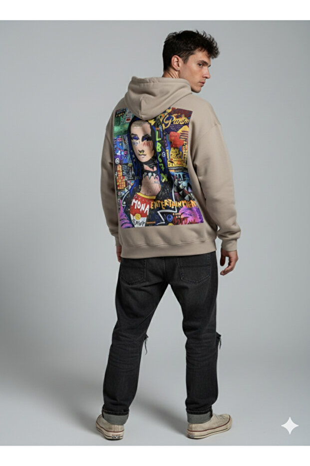 Lenithra Mona Lisa Back Printed Unisex Oversize Beige Hoodie