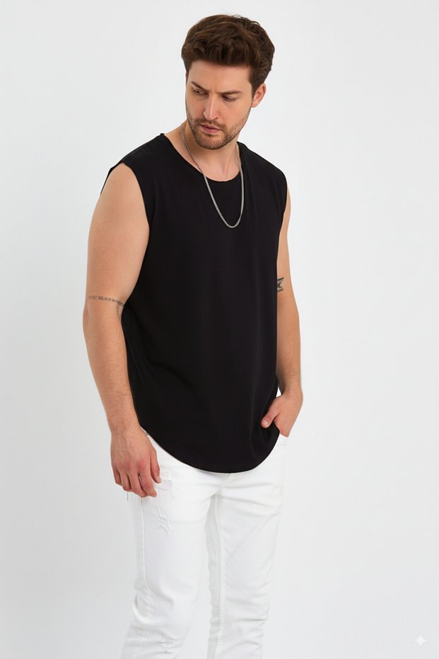 Men's Dirty Collar Bottom Oval Cut Basic Zero Sleeve T-Shirt