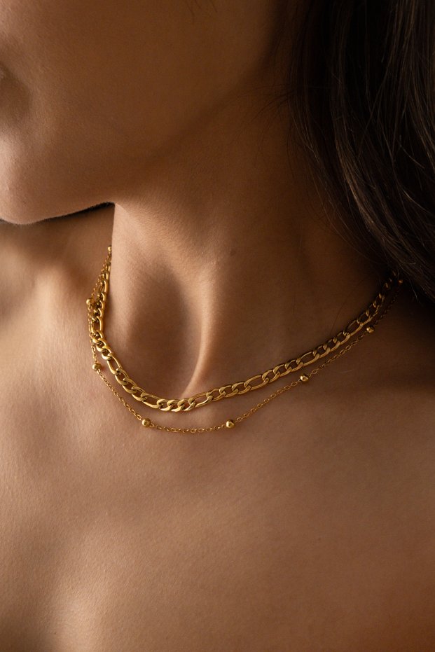 Steel Double Combination Figaro and Ball Chain Necklace, Non-Tarnishing, 5mm & 1mm Figaro Ball Chain Double Necklace, 45cm