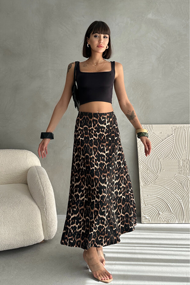 Dark Leopard Patterned Wrap Flared Long Skirt - 1