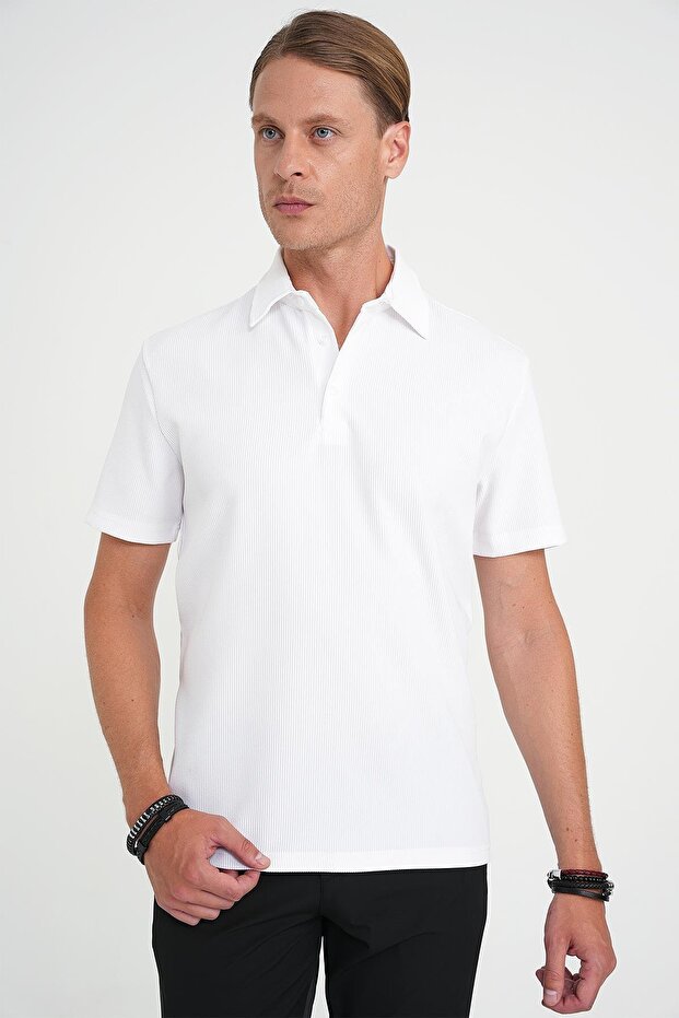 Slim Fit Polo Collar Ribbed Woven Cotton White T-Shirt Ts 904