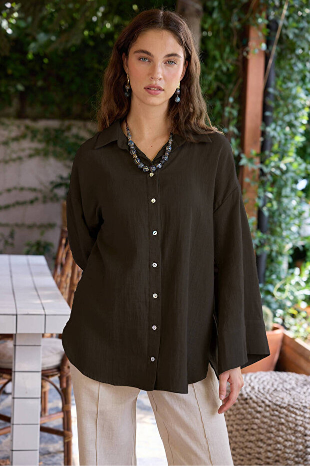 Khimero Muslin Shirt with Sleeves - Brown Kimono