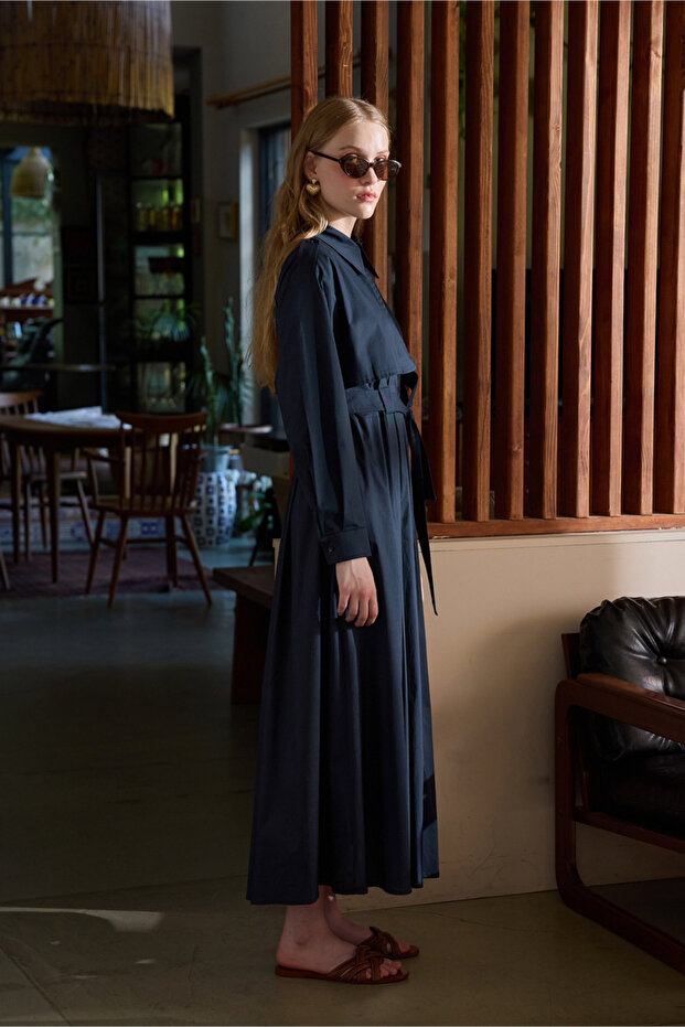 LACİVERT PAMUKLU TRENÇ ELBİSE - 7