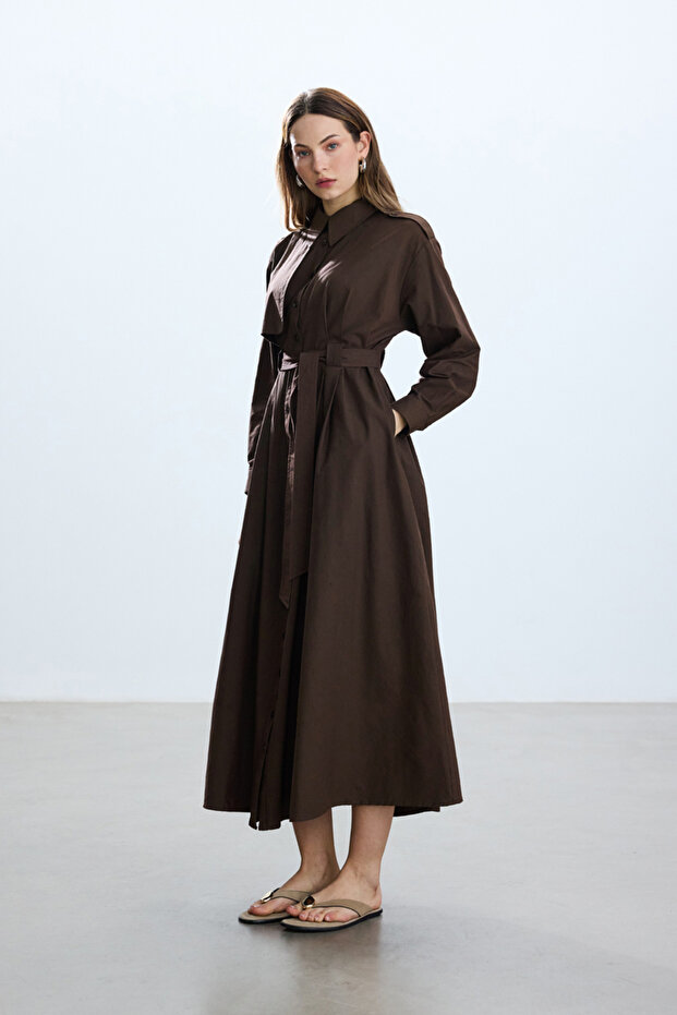 ACI KAHVE PAMUKLU TRENÇ ELBİSE - 7