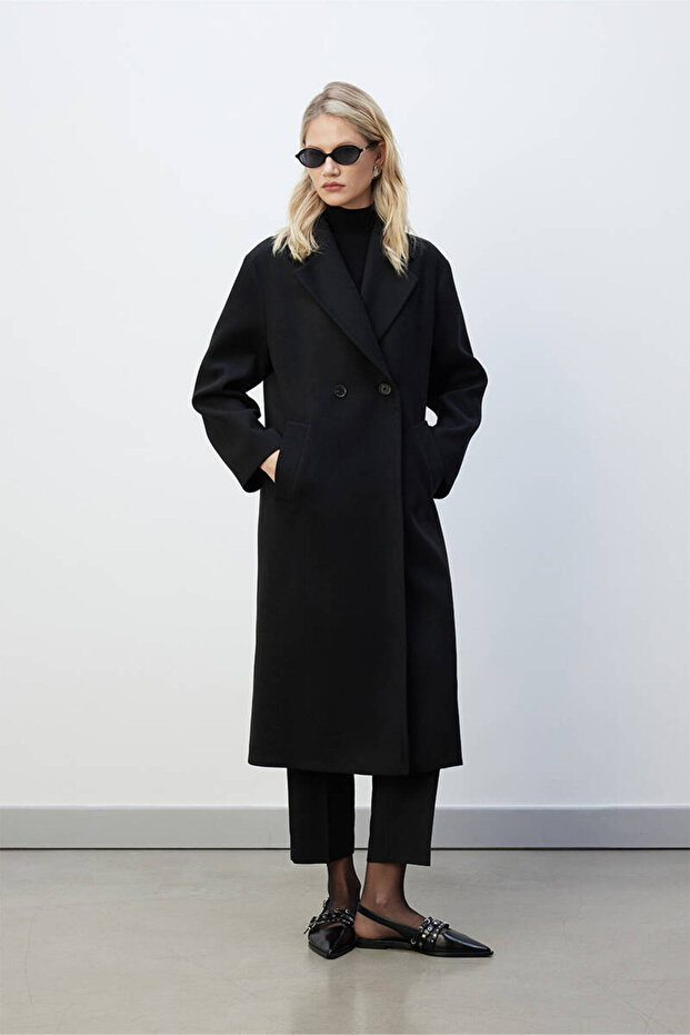 Black Double Button Classic Coat - 8