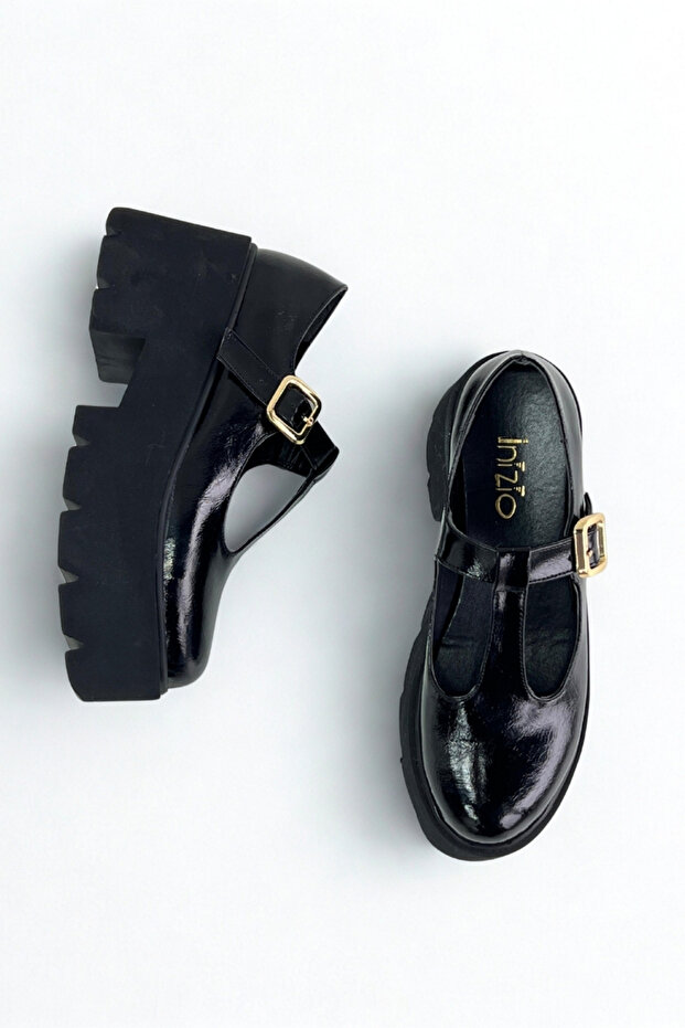 Black Patent Leather Thick Sole Women's Loafers P7014