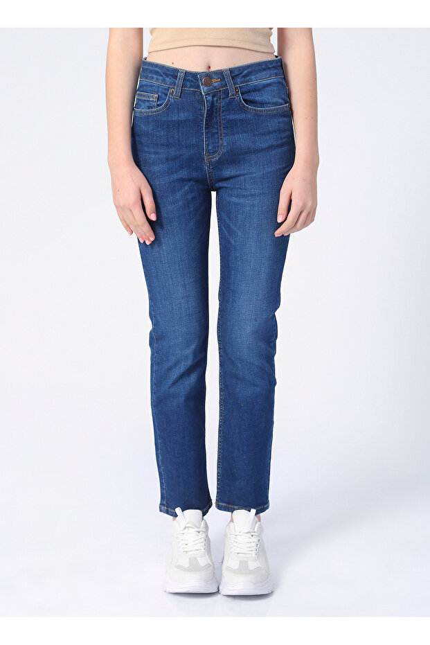 Yüksek Bel Slim Fit İndigo Kadın Denim Pantolon K-STRAIGHT - 2