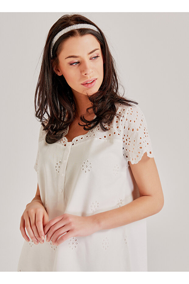 Nakışlı Ekru Kadın Gecelik 72108 - 2