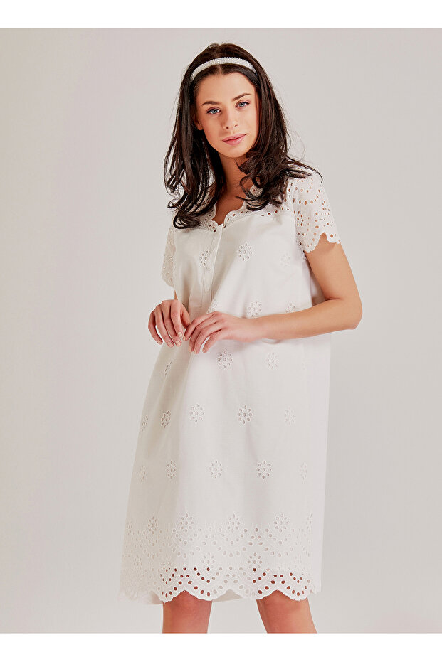 Nakışlı Ekru Kadın Gecelik 72108 - 1