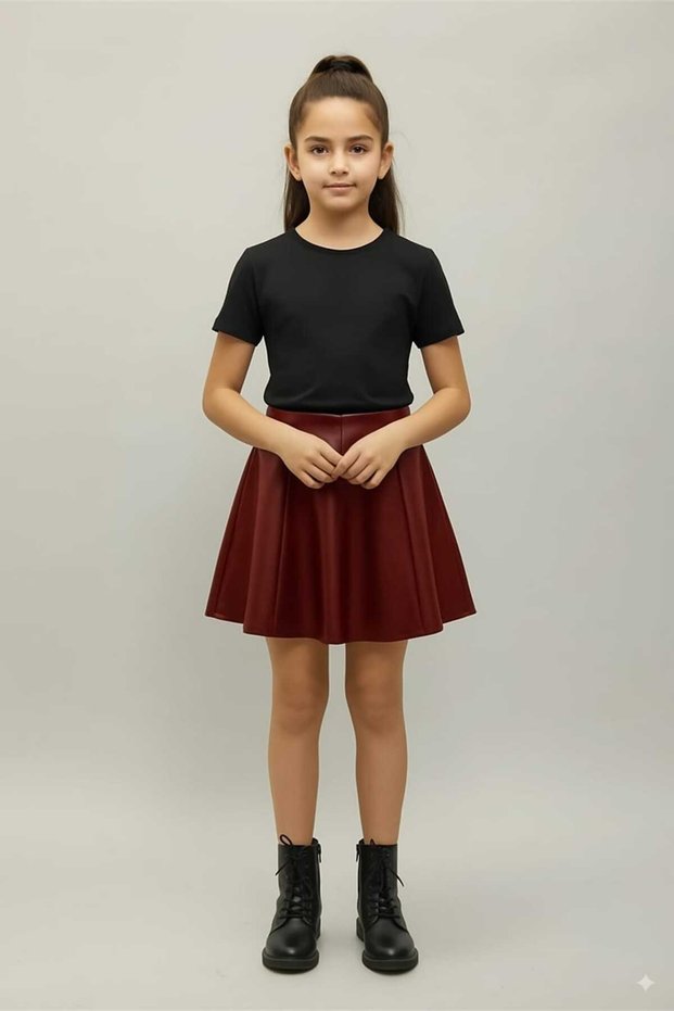 8 Pieces Faux Leather Burgundy Girls' Skirt with Elastic Waist