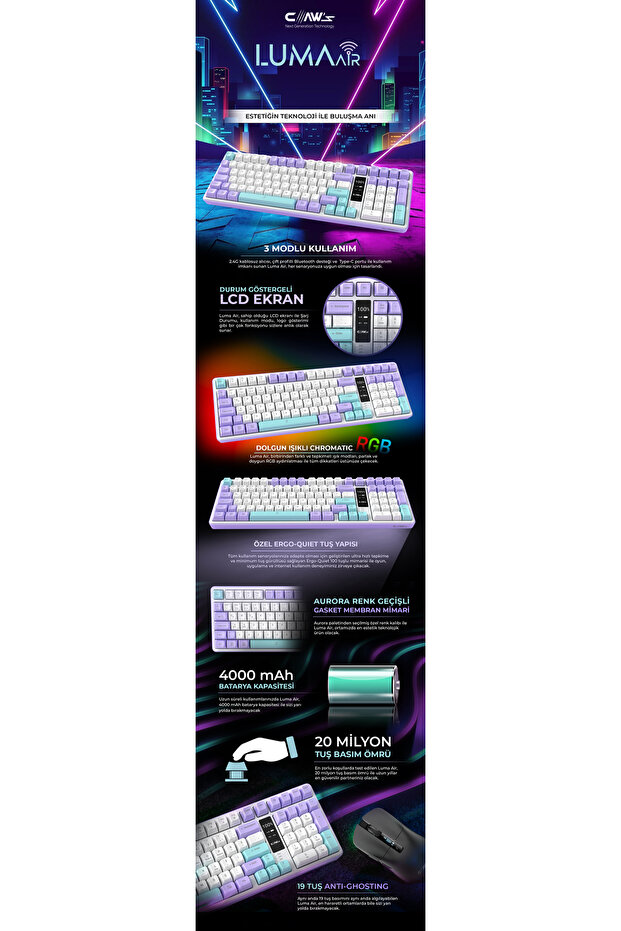 Luma Air Kablosuz 3 Modlu LCD Ekran 100 Tuş Membran Gaming & Ofis Klavyesi - 5