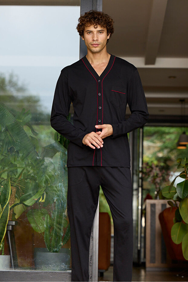 Erkek Dört Mevsim Battal V Yaka Boydan Düğmeli Pijama Takımı - 2