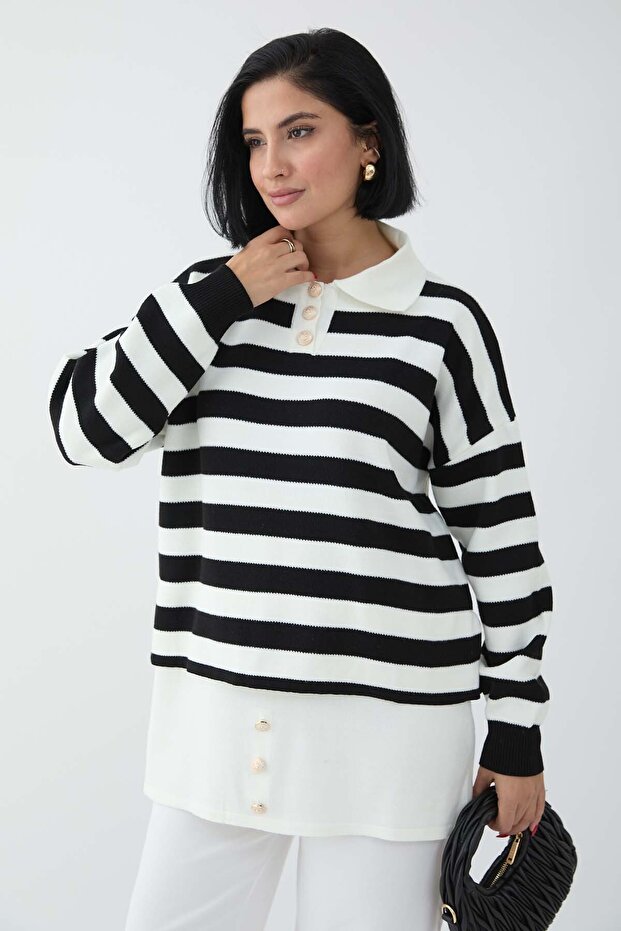 Black Knitwear Tunic with Button Detail on Skirt
