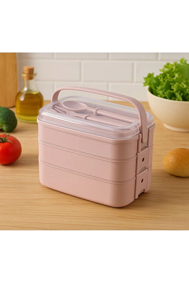 Three-Layer Storage Container with Fork and Spoon - 1