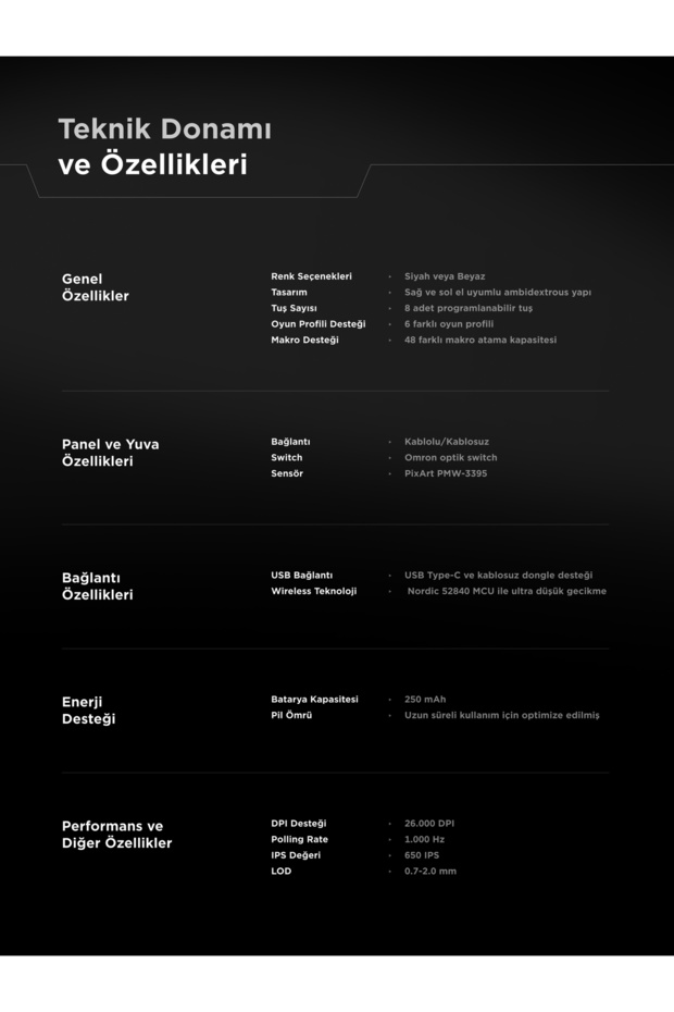 ZENITH PRO 4K 26000 DPİ Kablosuz Siyah Gaming Mouse - 8