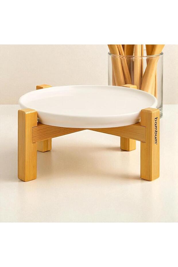 Alpina Bambu Ayaklı Seramik Sunum Tabağı 17cm, Servis Tabağı, Dekoratif Tatlı ve Kahvaltı Tabağı - 1