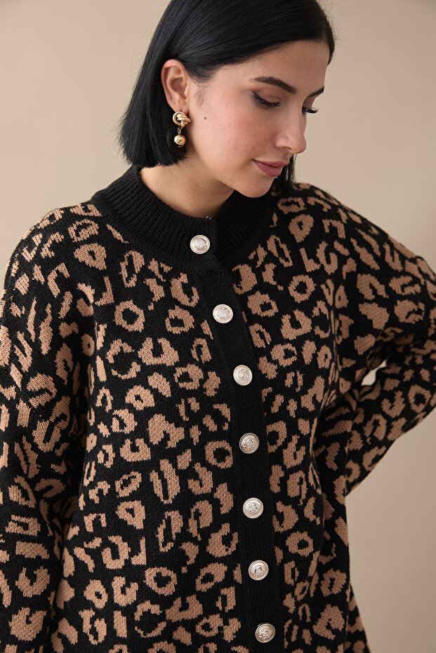 Leopard Pattern Buttoned Camel Cardigan - 3