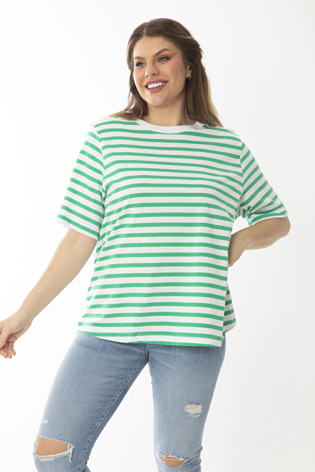 Women's Plus Size Green Crew Neck Striped Blouse 65N37022