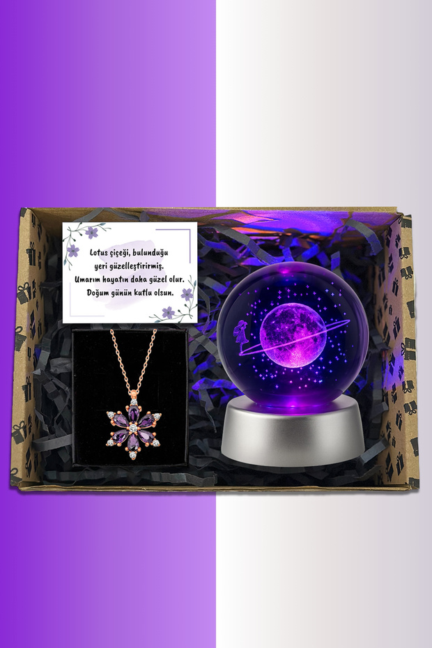 Zemtigo Kutulu Renk Değiştiren Led Işıklı Cam Satürn Kız Küre Ay Lamba Kristal Lotus Kamelya Çiçeği Kolye