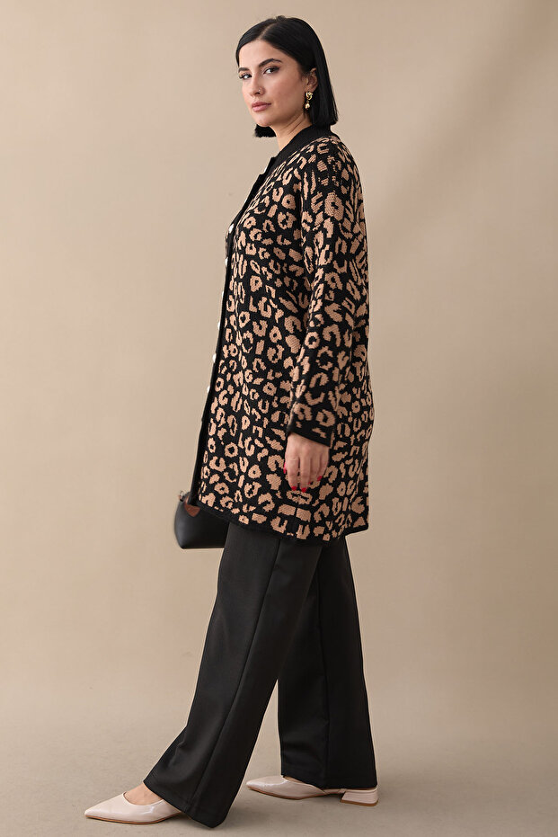 Leopard Pattern Buttoned Camel Cardigan - 5
