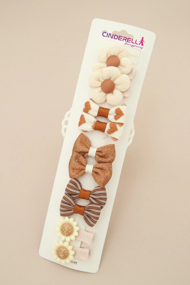 Set of 10 Coffee Cream Tone Floral Bow Girls Soft Clamp Clip Buckle Set - Baby Hair Clips