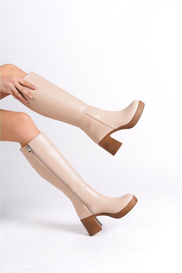 Mbibr204-N Women's Nude Platform Thick Heeled Long Boots