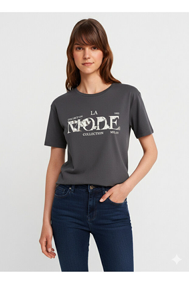 30742 Metallic Print Detailed T-Shirt - Anthracite